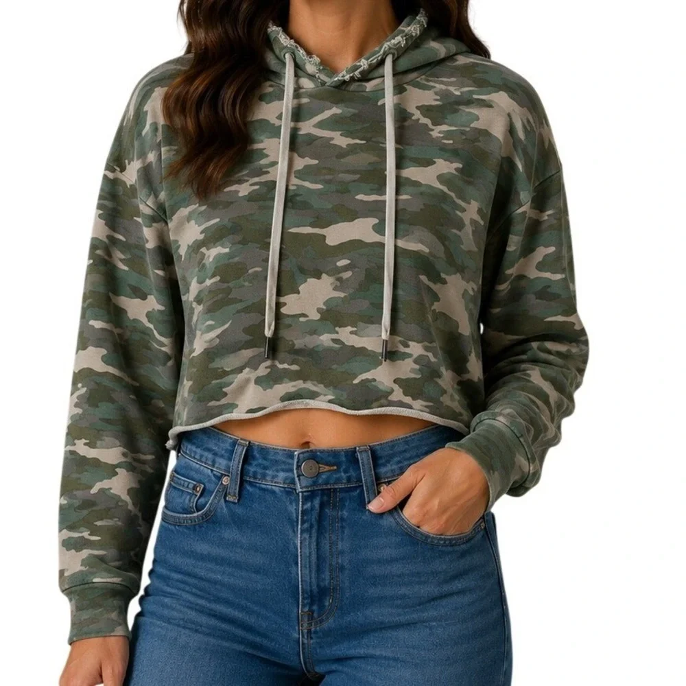 NSF Green Camouflage Distressed Cropped Hoodie Women's Small